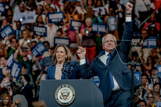 Kamala Harris and Tim Walz speaking at rally