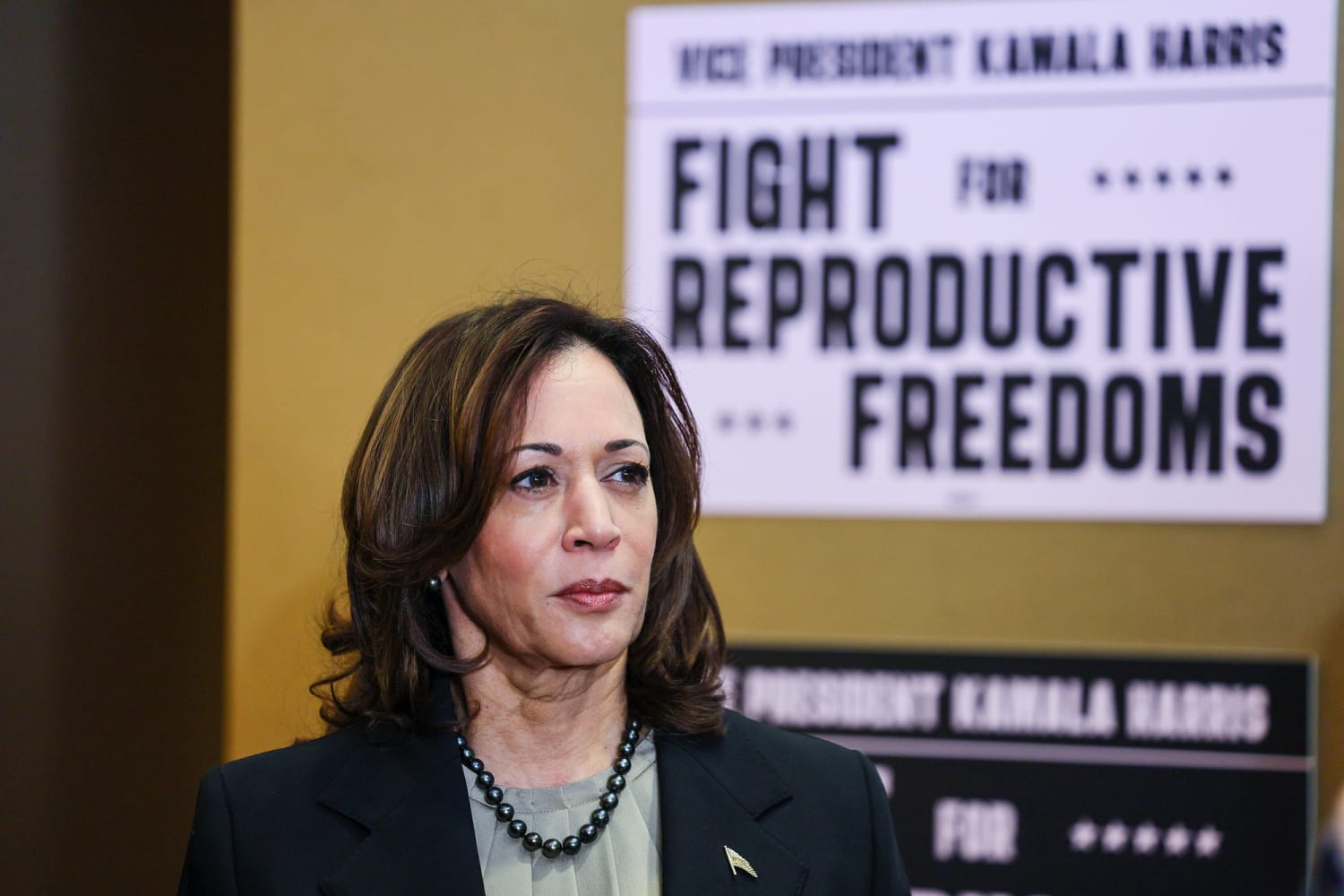Kamala Harris in front of reproductive rights sign